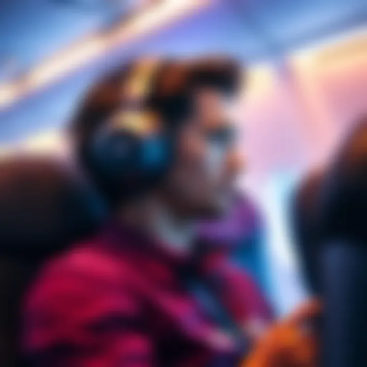 A person wearing headphones while using a Steam Deck on an airplane, demonstrating comfort and noise isolation.