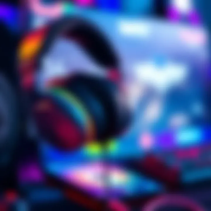 A close-up of stylish on-ear and in-ear headphones set against a blurred background of a virtual reality gaming setup.