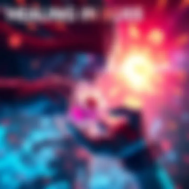 A game character using a healing potion during an intense boss battle, surrounded by bright special effects