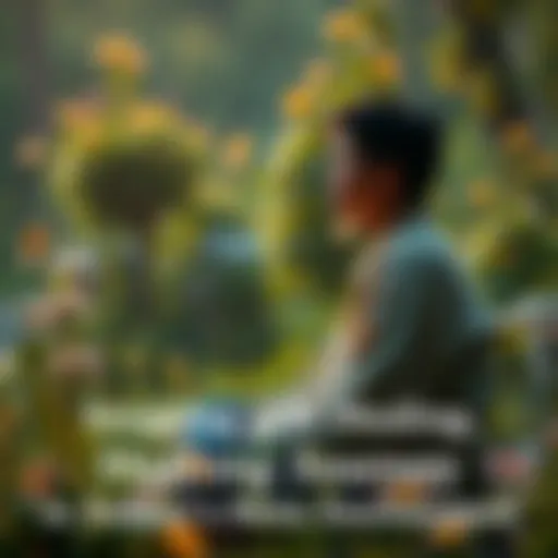 Person Reflecting on Healing Journey A person sitting quietly in a peaceful natural setting, contemplating their personal healing journey, surrounded by greenery and a sense of calm