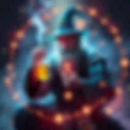 A wizard casting a healing spell with glowing lights around him while holding a potion