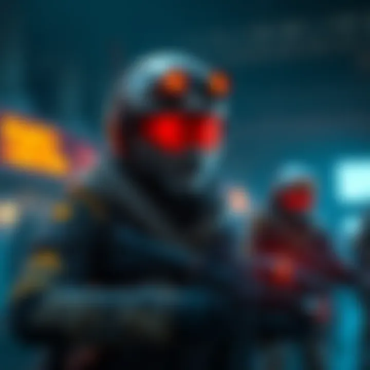 A digital concept art depicting a recon character with passive health indicators instead of traditional health bars, emphasizing strategic gameplay