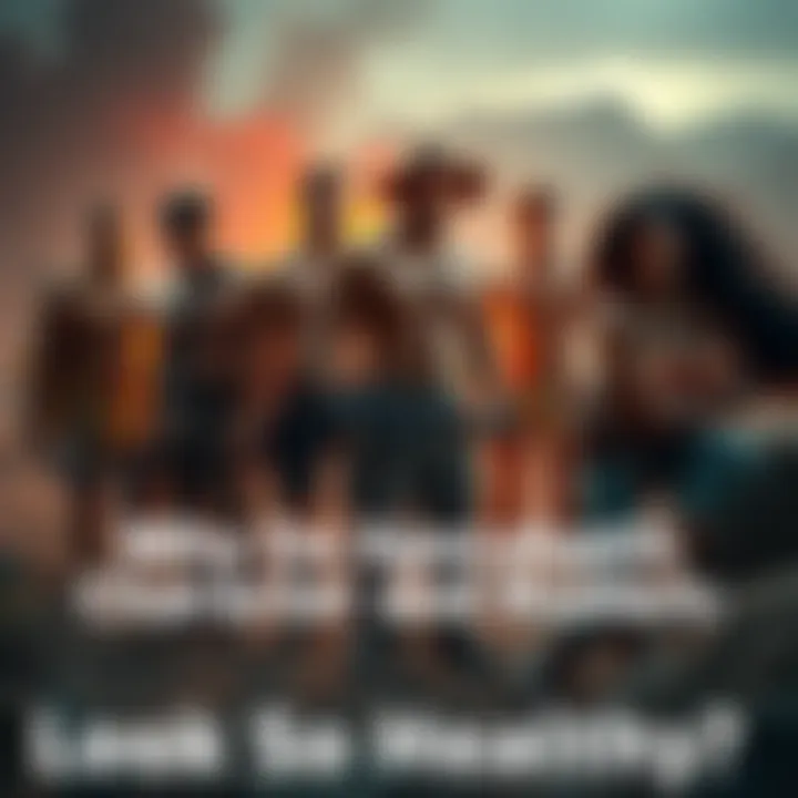 A group of well-nourished characters in a desolate landscape, showcasing their strong physiques despite the dire environment around them