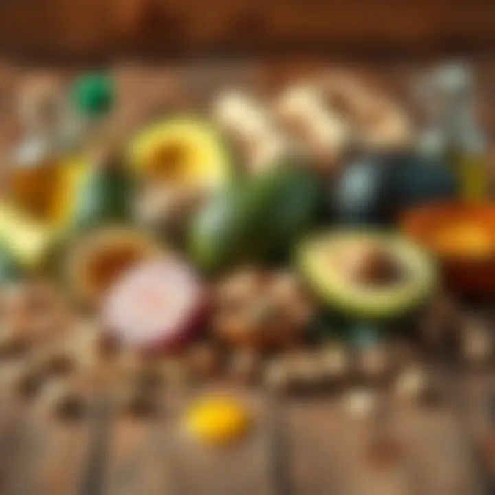 A variety of healthy fats displayed on a wooden table, including avocados, olive oil, and nuts