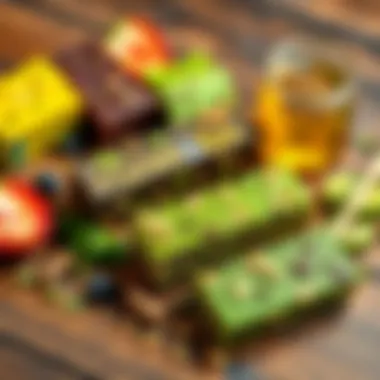 A variety of green bars on a wooden table, showcasing different flavors and ingredients, appealing to health-conscious consumers.