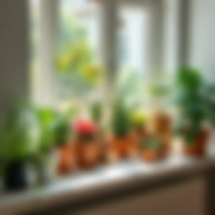 A variety of indoor plants thriving on a sunny windowsill, showcasing different types and sizes of greenery