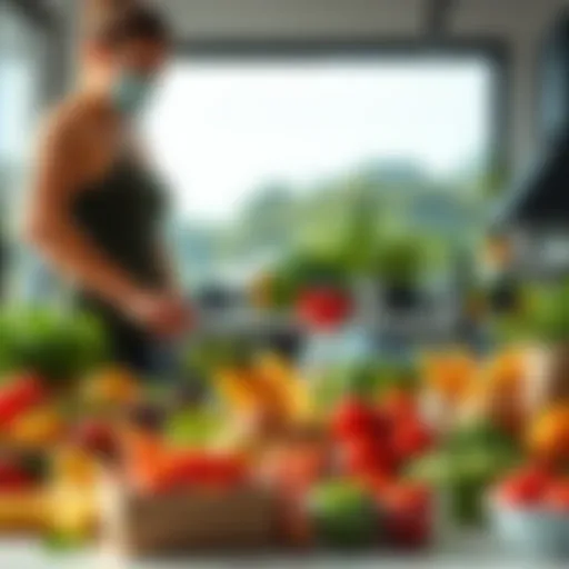 A person preparing a healthy meal with fresh vegetables and fruits while exercising nearby