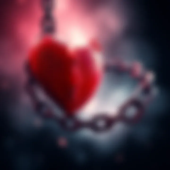 A broken heart connected to a heavy chain, symbolizing love's pain and suffering.
