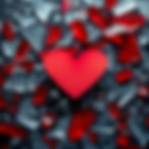 A heart-shaped symbol among broken glass A heart symbol made of red paper rests on shards of broken glass, representing the conflict between love and violence in society.