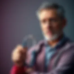 A thoughtful middle-aged man pondering about his heart condition and life expectancy, with a stethoscope in hand.