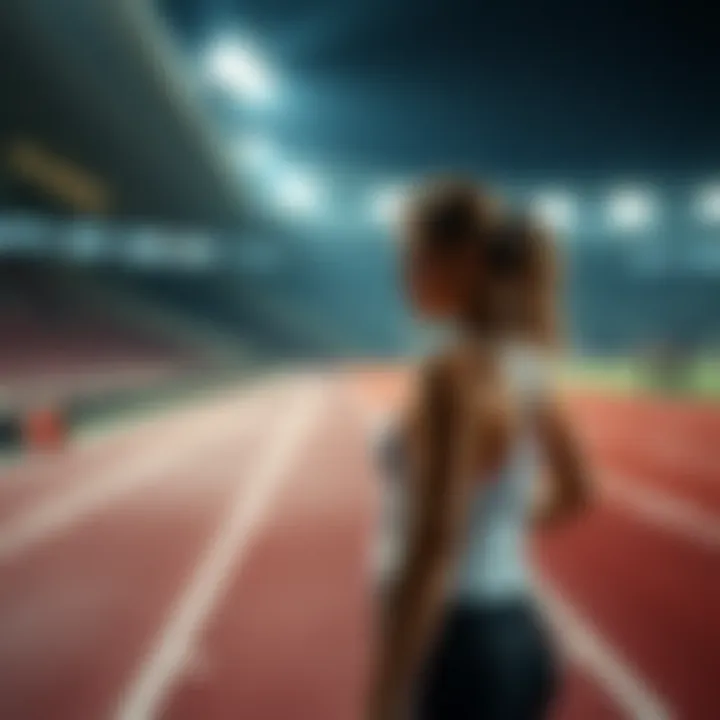 A woman stands on a track, looking disappointed after a race, symbolizing struggle and near victory.