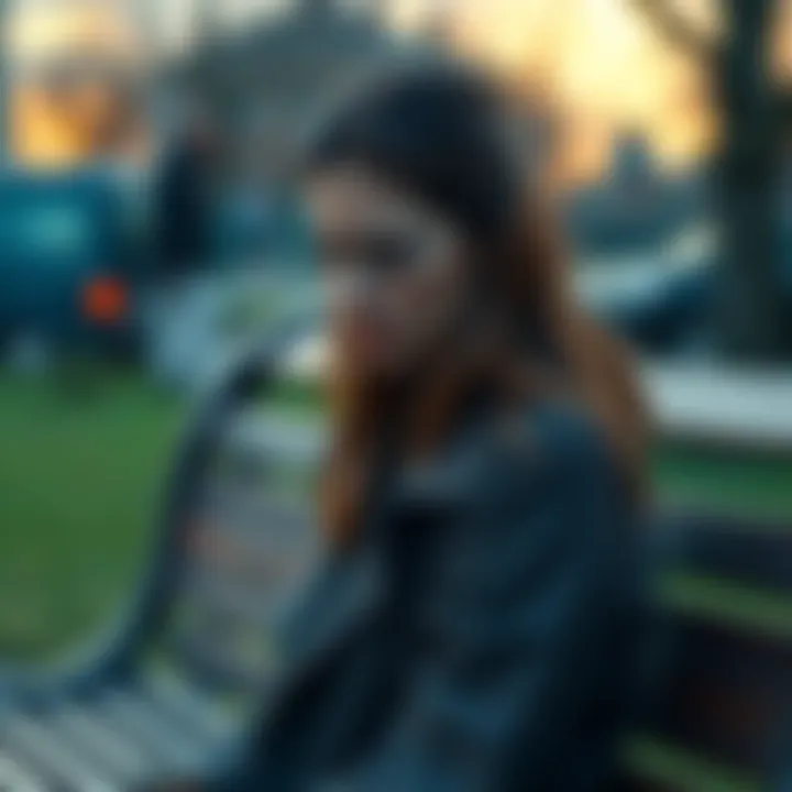 A woman looks down with tears in her eyes, reflecting her heartbreak while sitting alone on a park bench.
