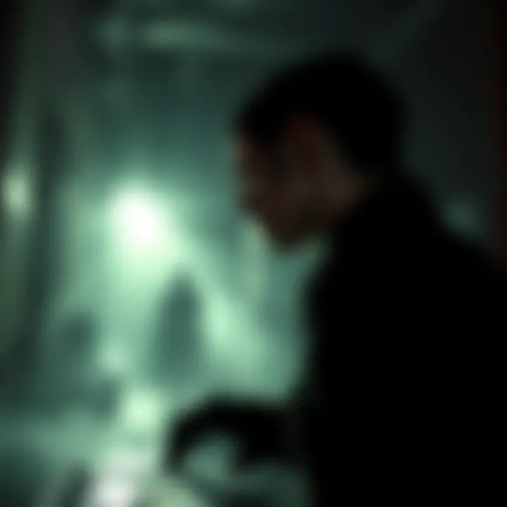 A dark, eerie environment with a character looking distressed, surrounded by haunting shadows and spooky elements, conveying a feeling of fear and sadness.
