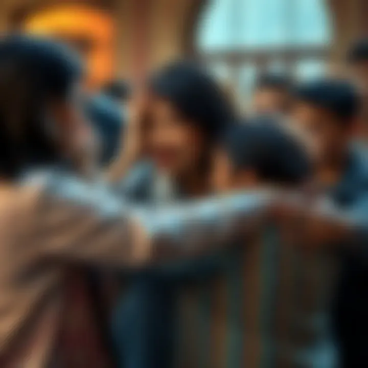 Heartfelt Farewell A group of people sharing emotional goodbyes, some wiping away tears, while others embrace tightly, showcasing the deep bond they share.