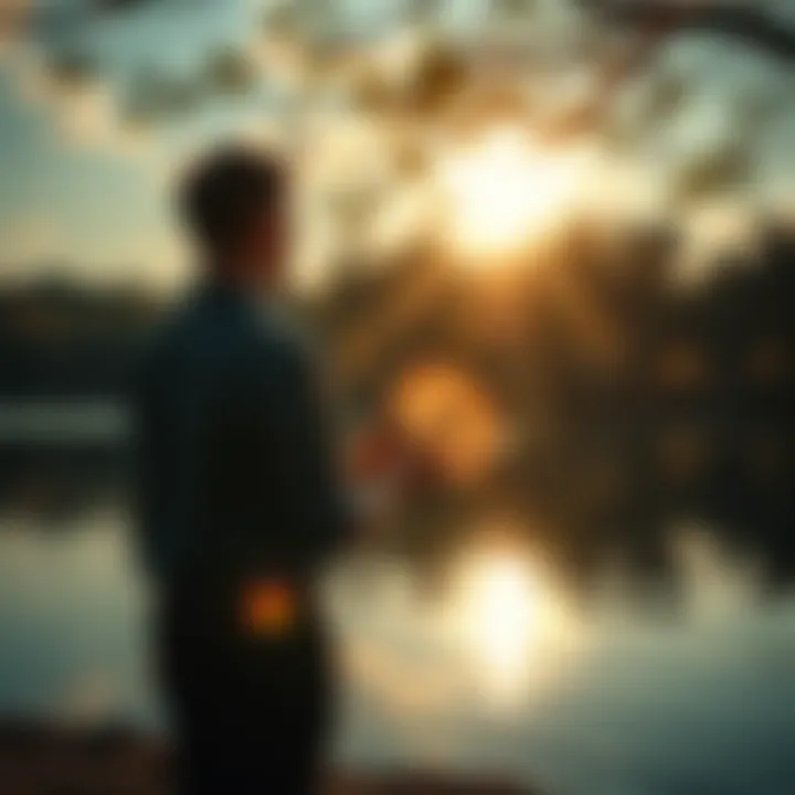 A person stands by a serene lake, holding a fading photograph, reflecting on lost love, with soft sunlight filtering through trees.