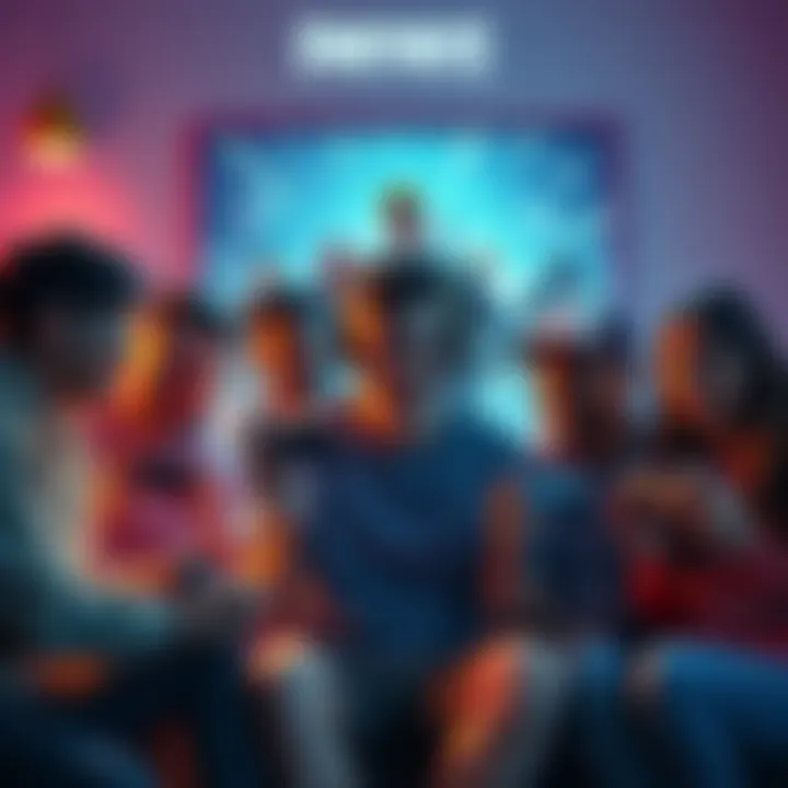 A group of friends holding game controllers and sharing memories of Liam Moore, with a Fortnite poster in the background