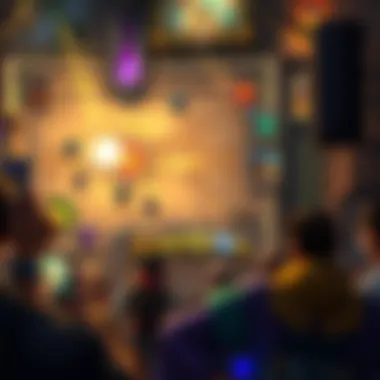 A colorful Hearthstone game board with various cards in play and player avatars visible.