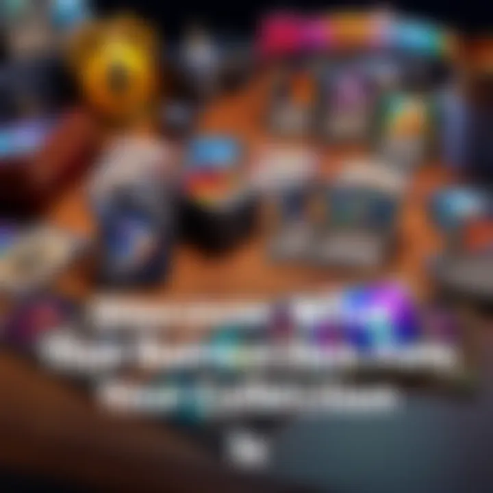 A display of various colorful Hearthstone cards on a table with a few standout rare cards highlighted