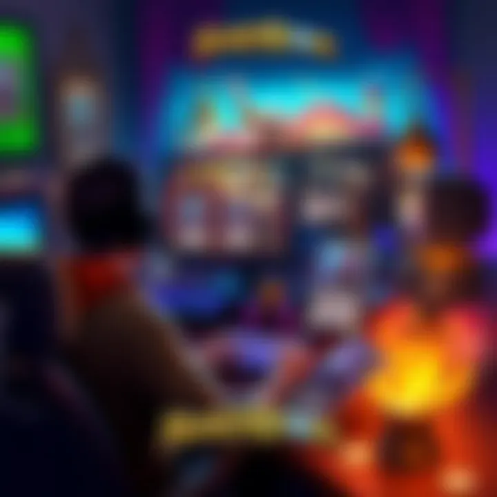 A vibrant Hearthstone gaming setup featuring cards, a player deep in thought, and a computer screen displaying the game interface.