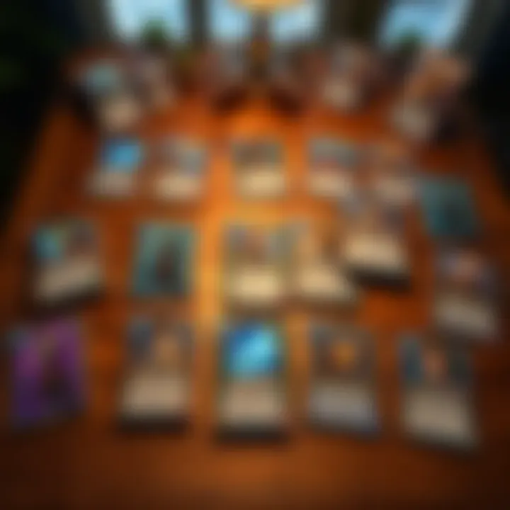 A collection of Hearthstone cards representing different classes laid out on a wooden table, highlighting the new Class sets.