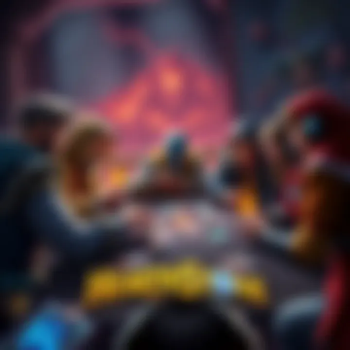 Hearthstone Competitive Discussion A group of players discussing Hearthstone strategies with cards and decks on a table