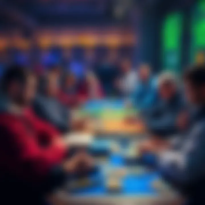 A group of players discussing their favorite Hearthstone meta decks at a gaming table, with cards spread out in front of them.