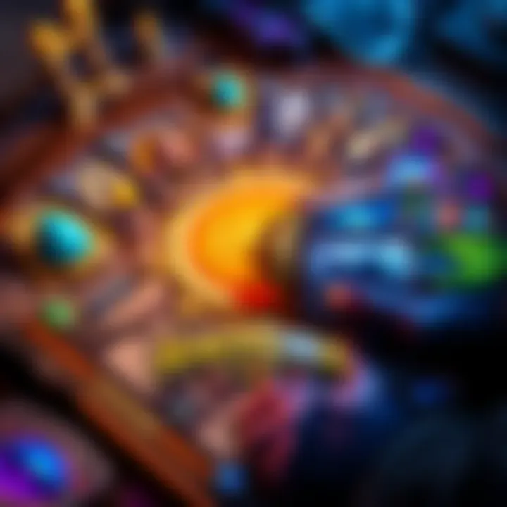 A colorful Hearthstone game board displaying various cards and a player's hand, showcasing recent game mechanics and expansions.