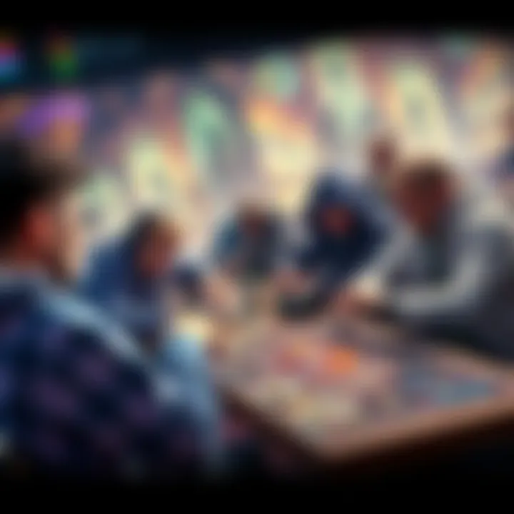 Hearthstone Gameplay Players discussing strategies while playing Hearthstone card game, featuring colorful cards and a game board layout.