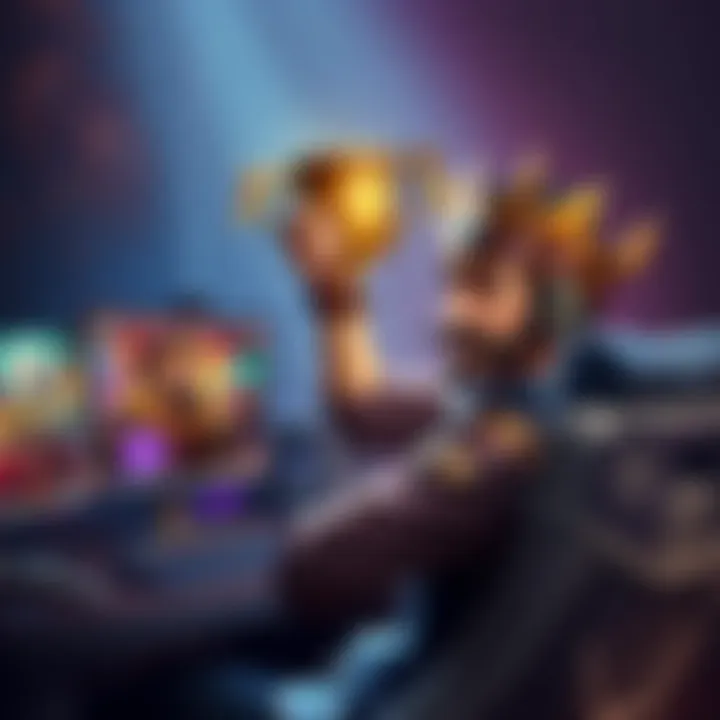 Player celebrating Hearthstone Legend achievement A gamer proudly holding a trophy while playing Hearthstone on a computer, symbolizing their journey to Legend status with a Paladin deck.