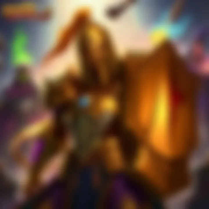 A player character representing the Paladin class in Hearthstone, showcasing a golden armor and a shield, against a backdrop of magical effects and other classes like mages and priests, highlighting its evolution in strength over the years.