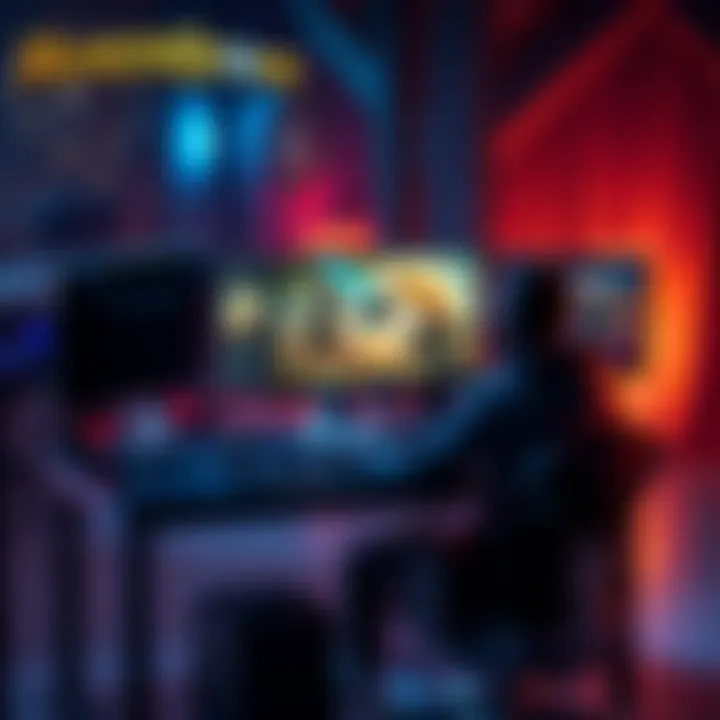 A player sitting at a desk, analyzing Hearthstone decks on a computer, with cards and game elements visible on the screen.