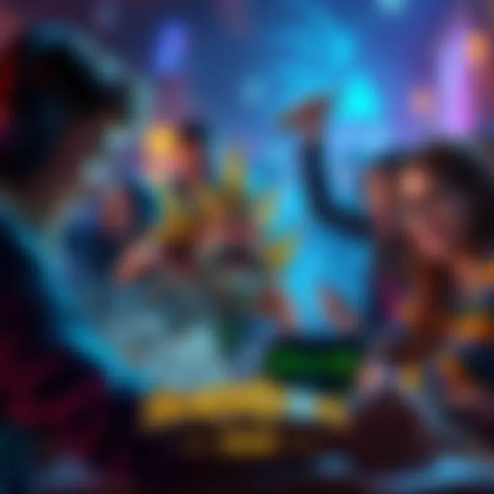 A group of players enthusiastically playing Hearthstone, with a focus on the King Krush Pet in the game, showcasing excitement and community engagement