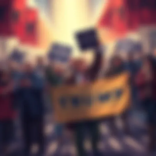 Members of the Hearthstone forum rally together, showing support for Jeffrey 'Trump' Shih as Senator candidate for ValueTown, holding banners and signs.