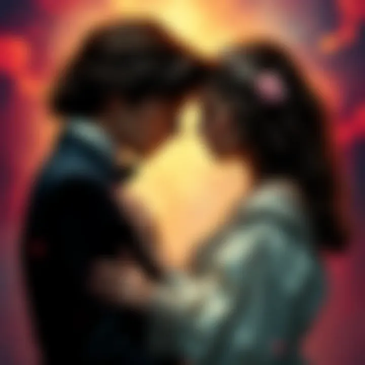 Heathcliff and Catherine stand together in a dramatic pose, reflecting their deep bond and emotional conflict, set against a vibrant background.