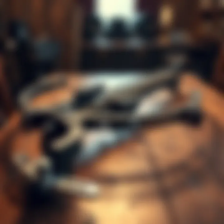 A heavy crossbow rests on a wooden table, showcasing its intricate design and sturdy construction.