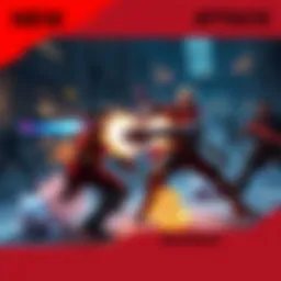 A character performing a heavy attack in a video game, showcasing the impact on opponents in a battle scene.