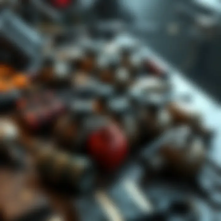 A collection of heavy grenades spread out on a tactical table, showcasing various types and sizes, highlighting their importance in strategy.