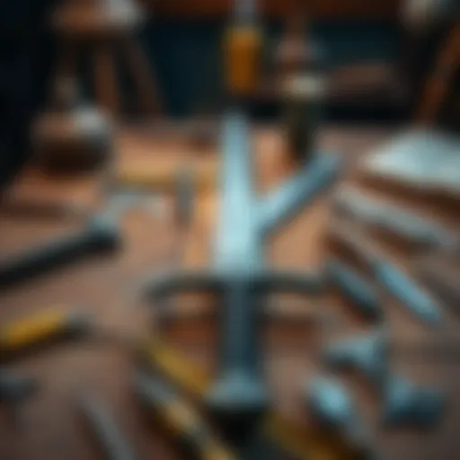 A heavy iron sword lies on a wooden tabletop, highlighting its weight and design, surrounded by crafting tools.