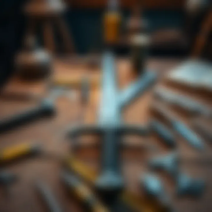 A heavy iron sword lies on a wooden tabletop, highlighting its weight and design, surrounded by crafting tools.