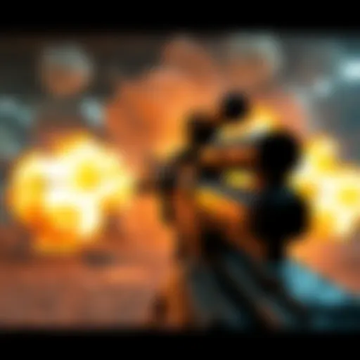 A heavy machine gun firing in a video game setting, showcasing long-range combat with explosions nearby.