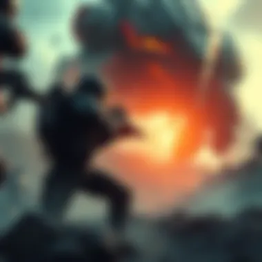 A heavy player strategically positioned behind cover, preparing to engage a large BFR Titan in a gaming environment.