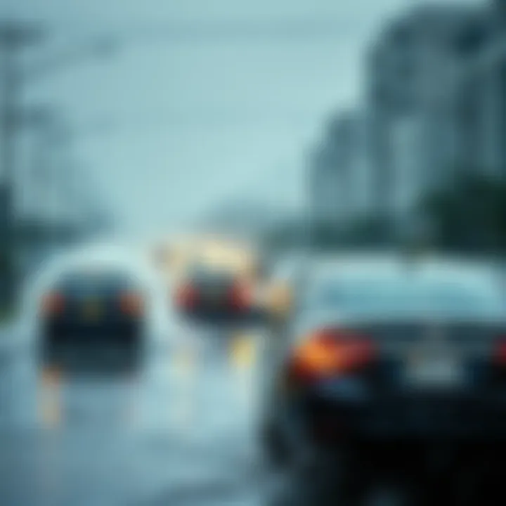 Heavy rain affecting the area Cars driving through a flooded street with heavy rain falling