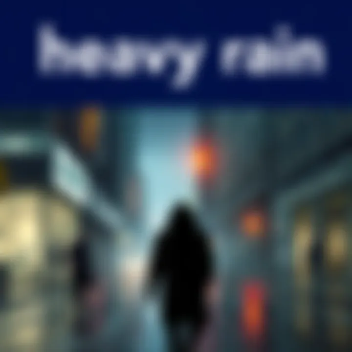 Heavy Rain Movie Adaptation Concept A visual concept of a dramatic scene from a Heavy Rain movie adaptation featuring a rain-soaked city street and a mysterious figure in the foreground.