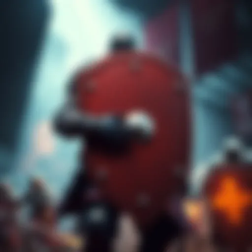 A player confidently holding a heavy shield in a gaming environment, ready for battle