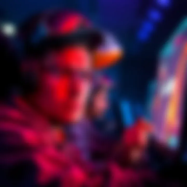 A passionate gamer immersed in a Team Fortress 2 match, showcasing intense focus on the screen with team colors in the background.