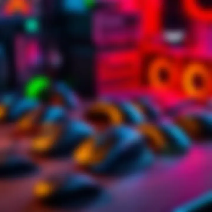 A collection of heavy wireless mice on a desk, showcasing different brands and designs for quality and durability.