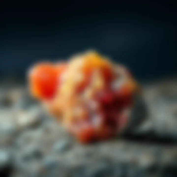 A close-up view of Heciphron ore, showcasing its unique texture and color, sitting on a rough surface.