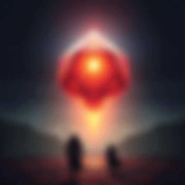 Hedron in a game setting A large, glowing Hedron floating above a desolate landscape, casting an eerie light while shadows of ominous figures loom in the background.