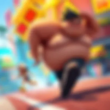 Hefty character running fast A large character with a big build sprinting ahead of a slender character in a vibrant gaming environment, showcasing unexpected speed.