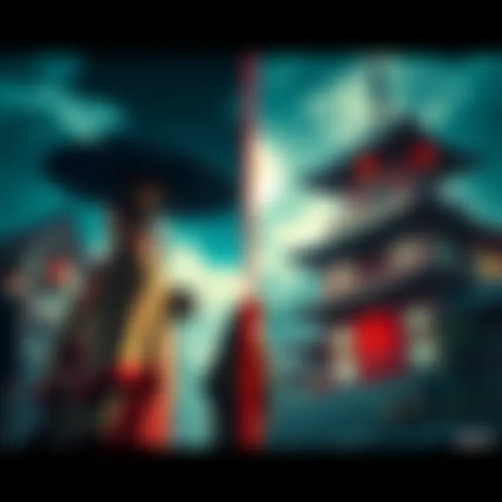 A split image showing the contrasting styles of the Heian period with elegant clothing and architecture on one side, and the Edo period featuring more vibrant colors and different fashion on the other...